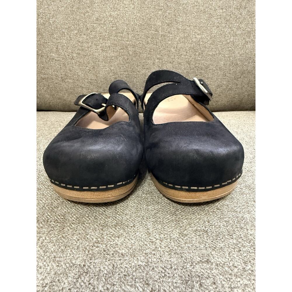 Dansko Black Suede Clog Mules with Tan Wood-Look Heel - Picture 2 of 10